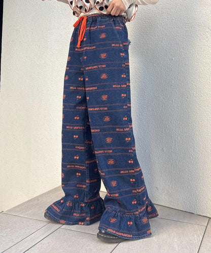 HELLO.SANFRANCISCO/ハローサンフランシスコ 褲腳荷葉邊滿版刺繡寬鬆牛仔褲