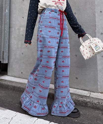 HELLO.SANFRANCISCO/ハローサンフランシスコ 褲腳荷葉邊滿版刺繡寬鬆牛仔褲