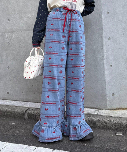 HELLO.SANFRANCISCO/ハローサンフランシスコ 褲腳荷葉邊滿版刺繡寬鬆牛仔褲