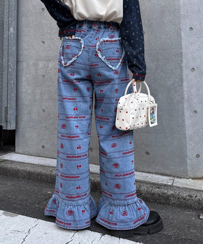 HELLO.SANFRANCISCO/ハローサンフランシスコ 褲腳荷葉邊滿版刺繡寬鬆牛仔褲
