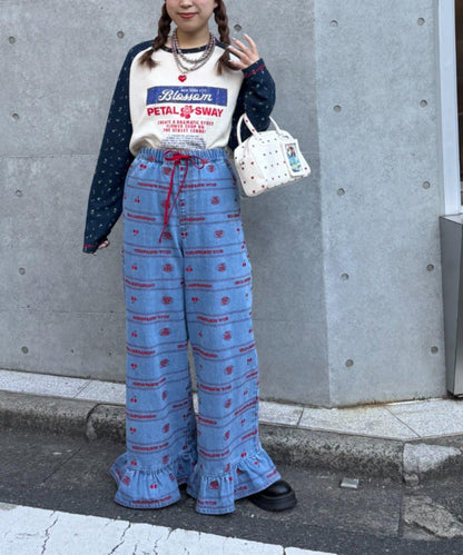 HELLO.SANFRANCISCO/ハローサンフランシスコ 褲腳荷葉邊滿版刺繡寬鬆牛仔褲