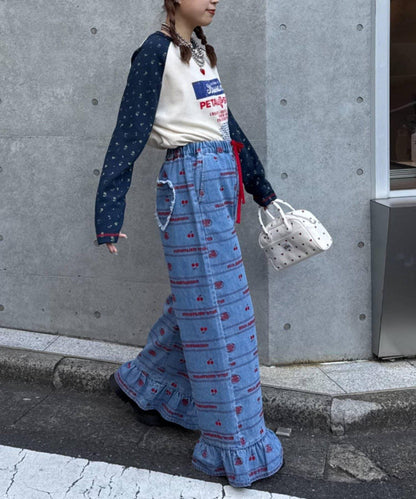 HELLO.SANFRANCISCO/ハローサンフランシスコ 褲腳荷葉邊滿版刺繡寬鬆牛仔褲