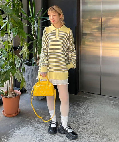 HELLO.SANFRANCISCO 大領條紋設計 POLO款 針織上衣
