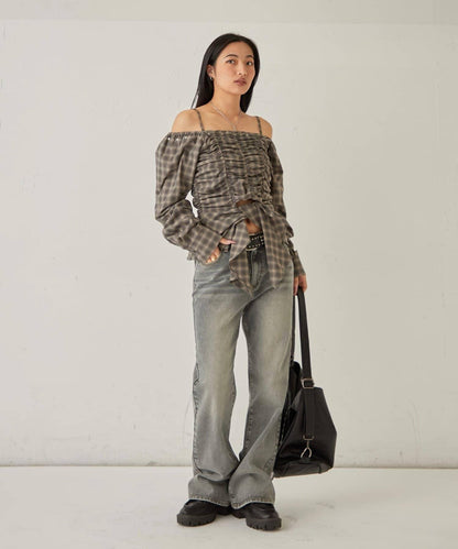 不對稱下襬 抽褶 一字肩 ASYM HEM GATHER OFF-SHOULDER BLOUSE 上衣