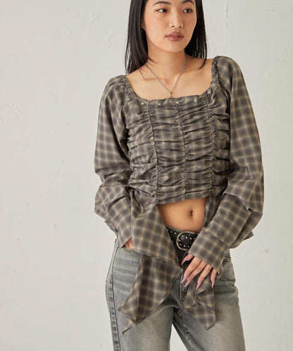 不對稱下襬 抽褶 一字肩 ASYM HEM GATHER OFF-SHOULDER BLOUSE 上衣