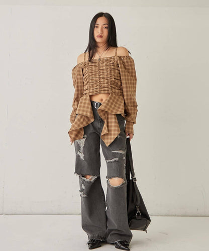 不對稱下襬 抽褶 一字肩 ASYM HEM GATHER OFF-SHOULDER BLOUSE 上衣