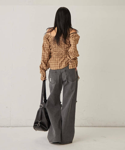 不對稱下襬 抽褶 一字肩 ASYM HEM GATHER OFF-SHOULDER BLOUSE 上衣
