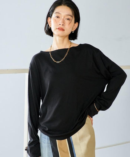 含羊絨 寬鬆 船形領 紗布針織 長袖T恤