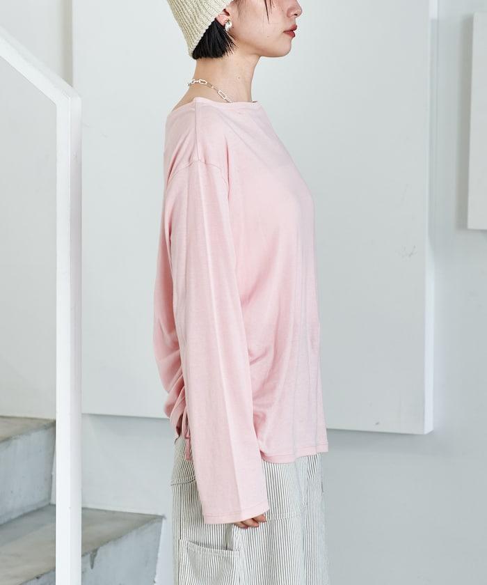 含羊絨 寬鬆 船形領 紗布針織 長袖T恤