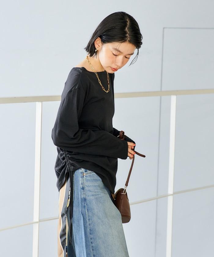 含羊絨 寬鬆 船形領 紗布針織 長袖T恤