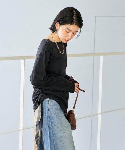 含羊絨 寬鬆 船形領 紗布針織 長袖T恤