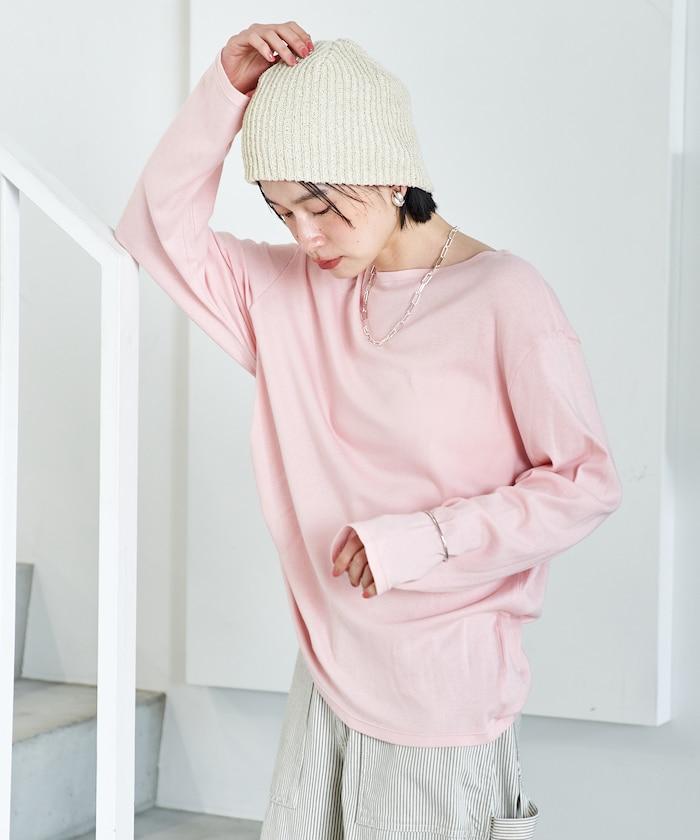 含羊絨 寬鬆 船形領 紗布針織 長袖T恤