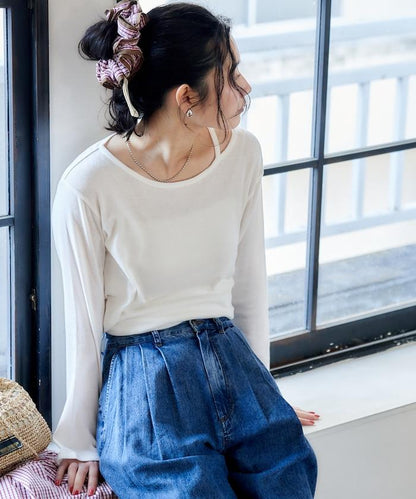 含羊絨 紗布羅紋 不對稱領 長袖T恤