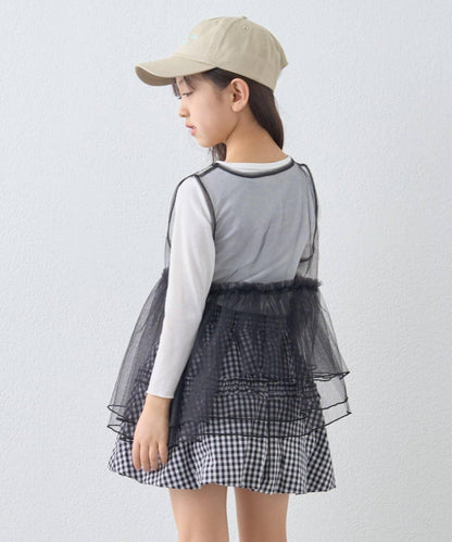 KIDS 疊穿T恤組合 不對稱網紗 長款上衣