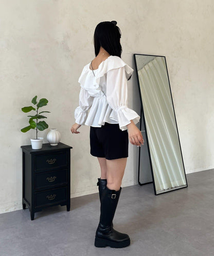 AOHARU 不對稱荷葉邊 2way露肩荷葉擺 女襯衫