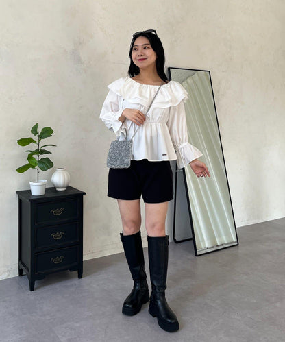 AOHARU 不對稱荷葉邊 2way露肩荷葉擺 女襯衫