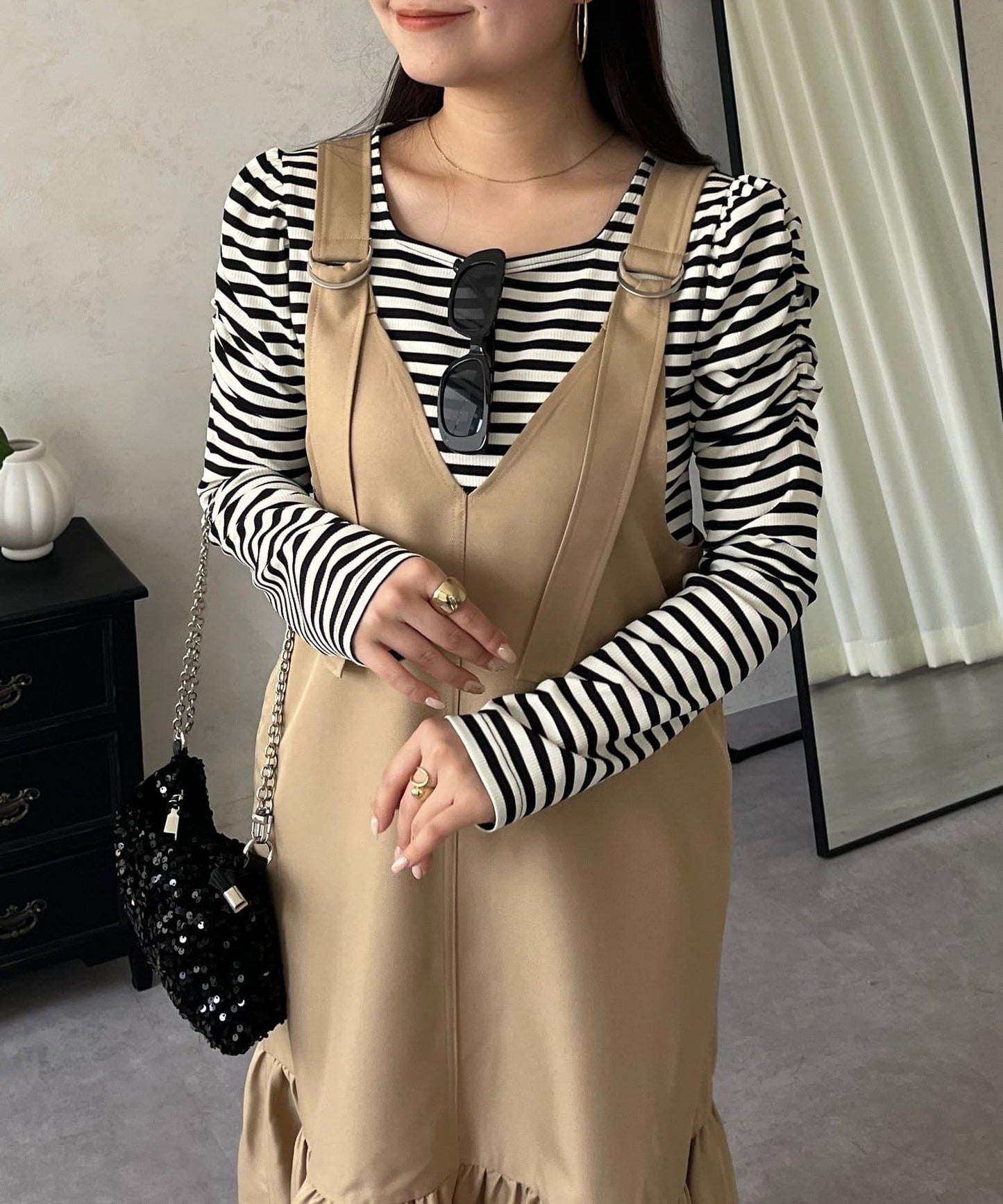 袖部抽褶 條紋褶皺 上衣
