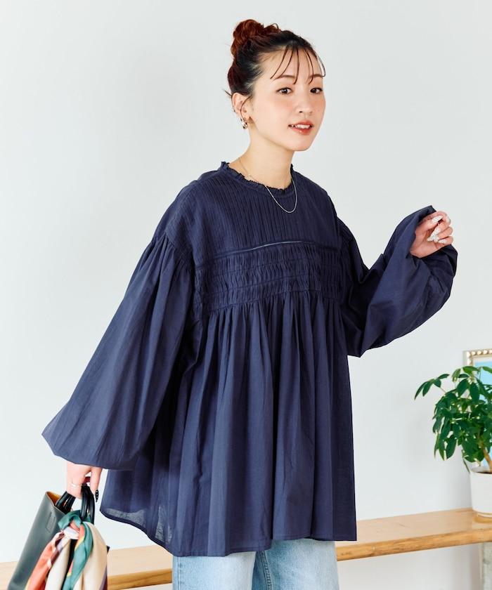 印度風壓褶抽褶長袖襯衫