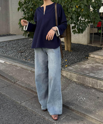 彈力袖部透紗拼接雪紡長袖T恤