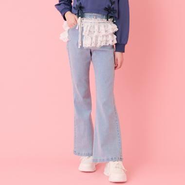 美腿喇叭 蕾絲荷葉邊 牛仔褲