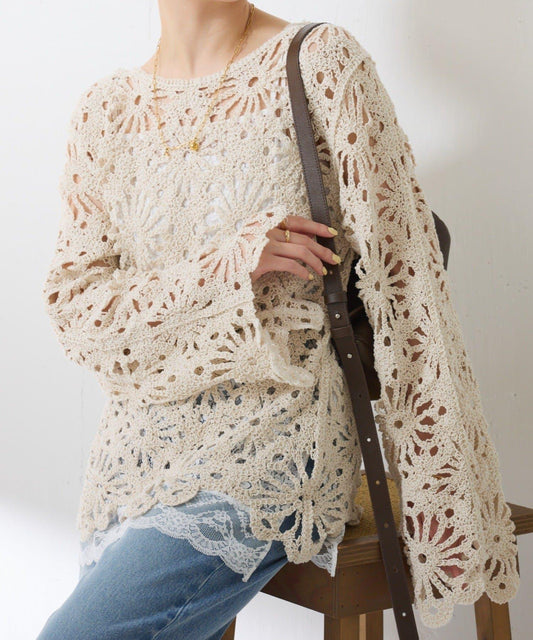 花卉圖案鉤織針織上衣