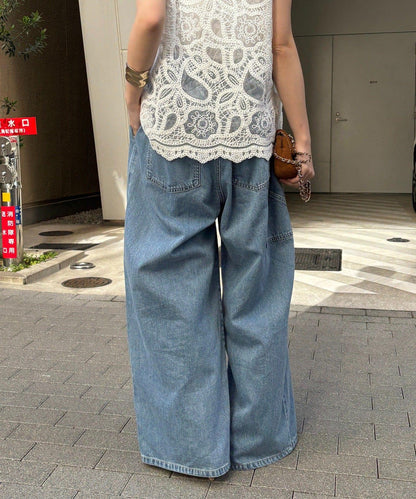 腰部翻折褶皺牛仔褲