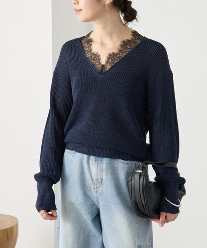 潮流設計 蕾絲領 紙紗 針織衫