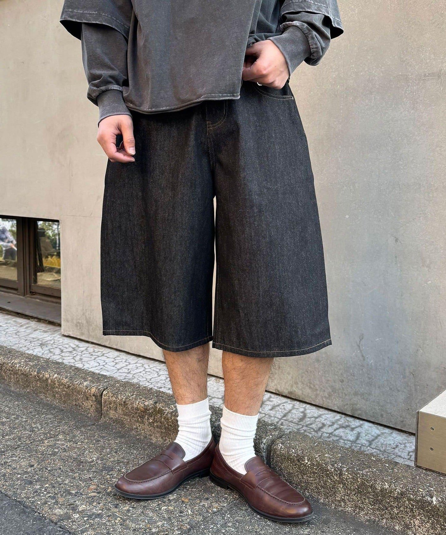cian denim/シアンデニム 寬鬆闊腿牛仔短褲