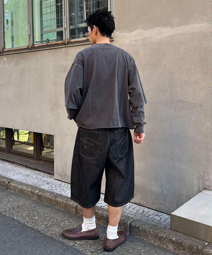 cian denim/シアンデニム 寬鬆闊腿牛仔短褲