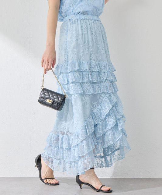 La boutique BonBon 紗網刺繡荷葉邊 長款半身裙