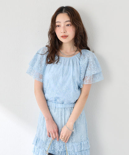 網紗刺繡 荷葉袖 襯衫