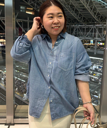 透感牛仔褶襉襯衫