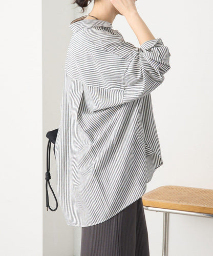 清爽風格 條紋 亞麻混襯衫