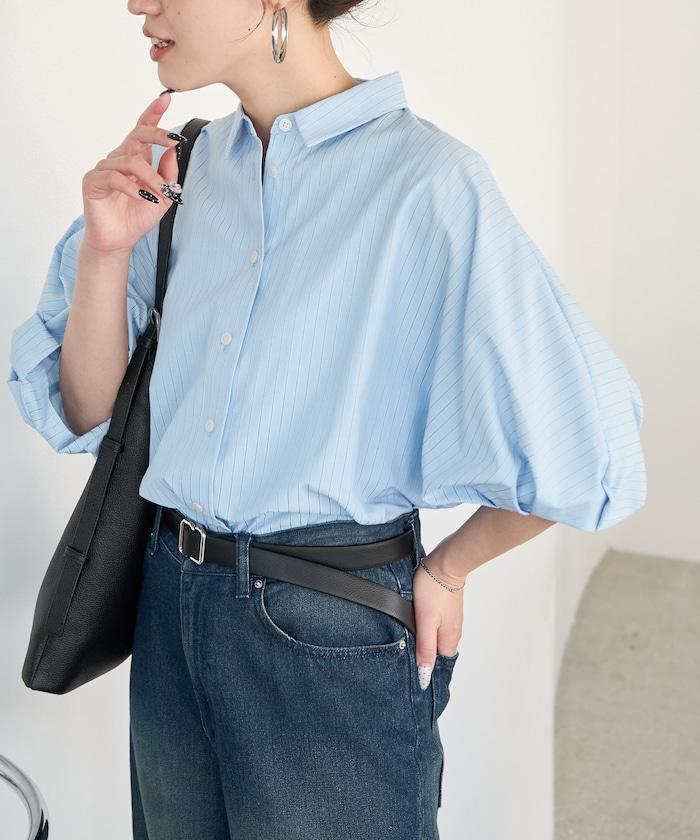 條紋 蝙蝠袖 短款襯衫