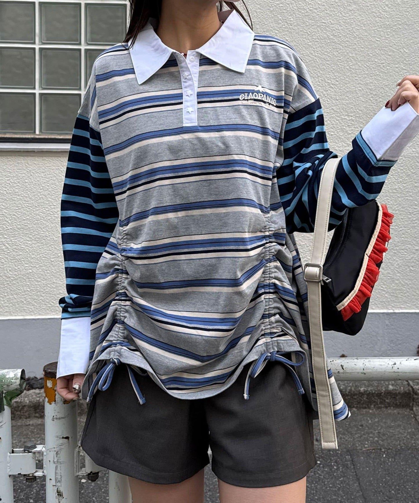 拼色條紋抽褶橄欖球衫