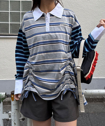 拼色條紋抽褶橄欖球衫