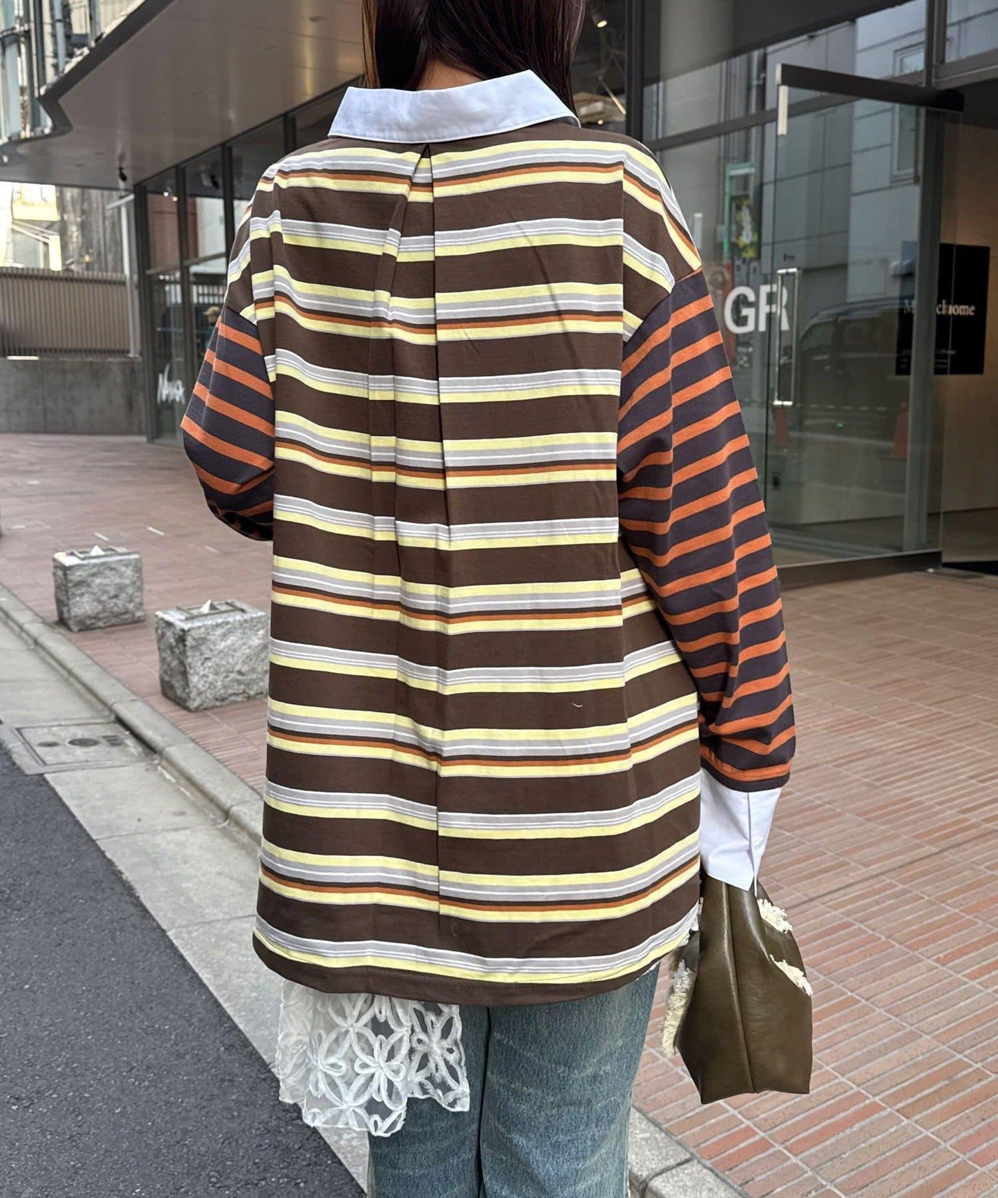 拼色條紋抽褶橄欖球衫