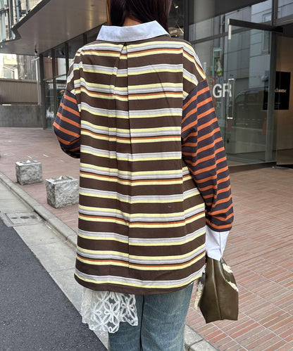 拼色條紋抽褶橄欖球衫