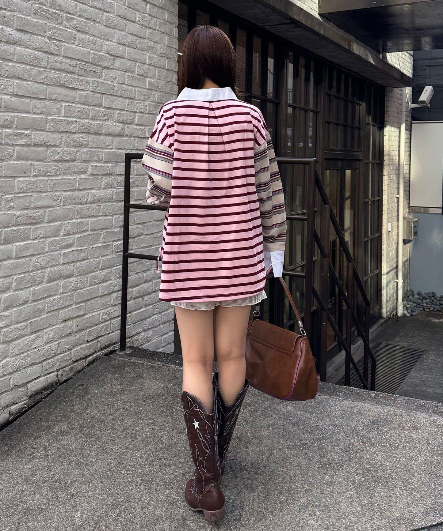 拼色條紋抽褶橄欖球衫