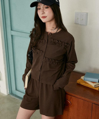 荷葉邊設計 開衫短褲 套裝