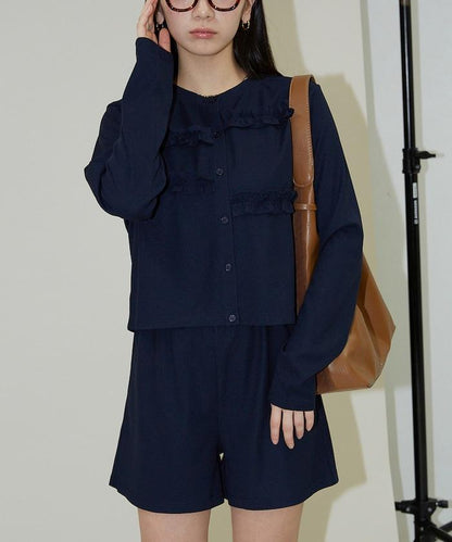 荷葉邊設計 開衫短褲 套裝