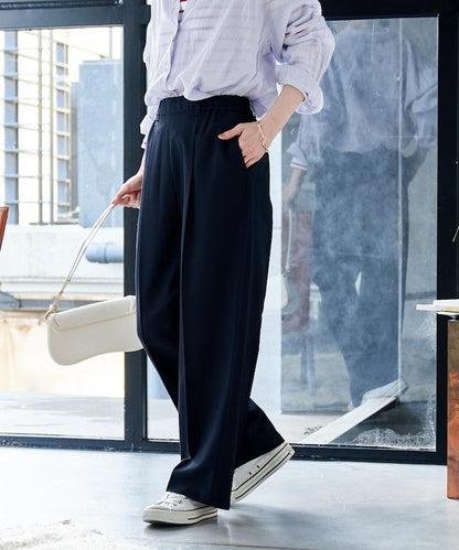 接觸冷感 UVカット LINEN TOUCH 褶飾 彈力 休閒褲