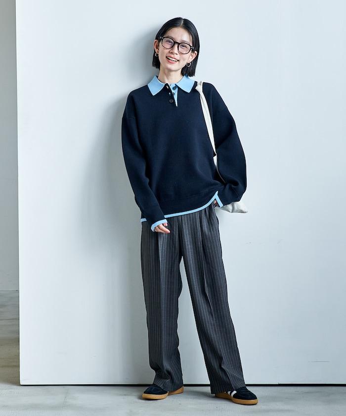 接觸冷感 UVカット LINEN TOUCH 褶飾 彈力 休閒褲