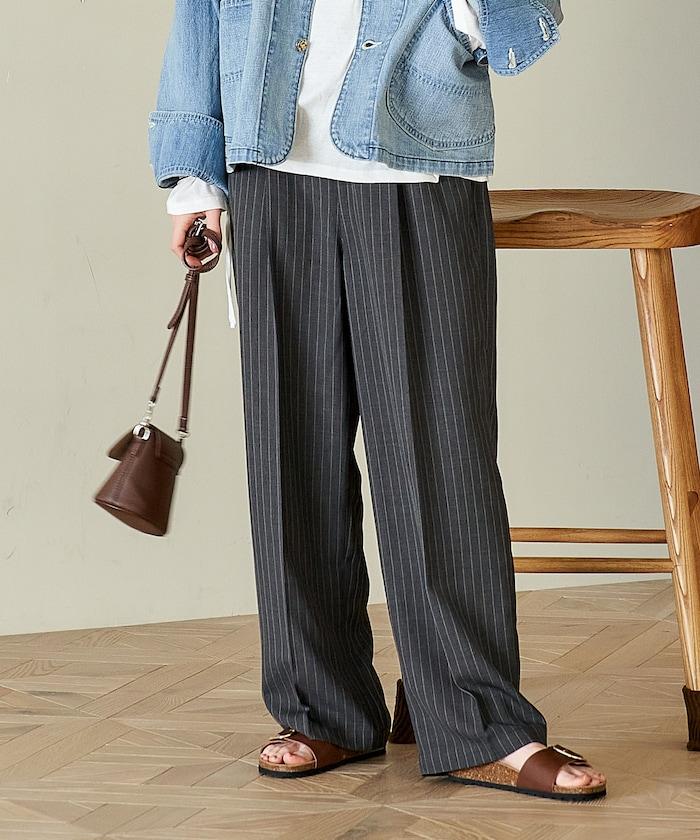 接觸冷感 UVカット LINEN TOUCH 褶飾 彈力 休閒褲