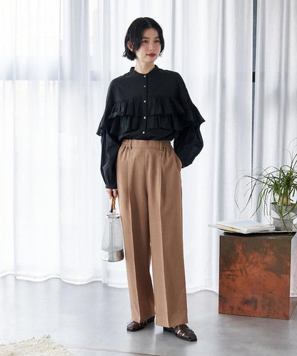 接觸冷感 UVカット LINEN TOUCH 褶飾 彈力 休閒褲