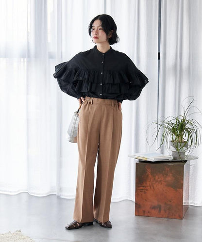 接觸冷感 UVカット LINEN TOUCH 褶飾 彈力 休閒褲