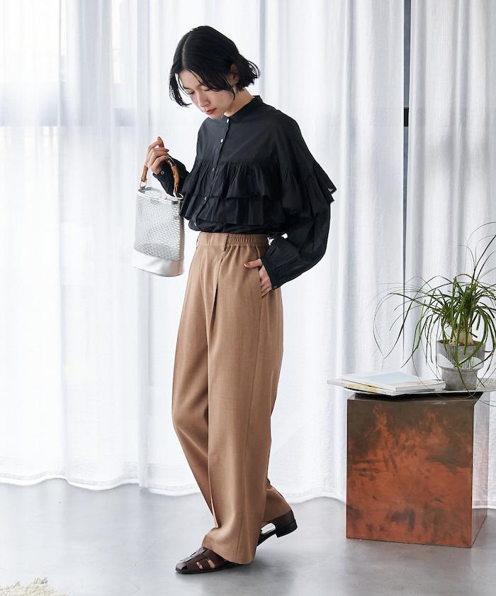 接觸冷感 UVカット LINEN TOUCH 褶飾 彈力 休閒褲