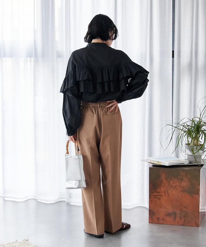 接觸冷感 UVカット LINEN TOUCH 褶飾 彈力 休閒褲