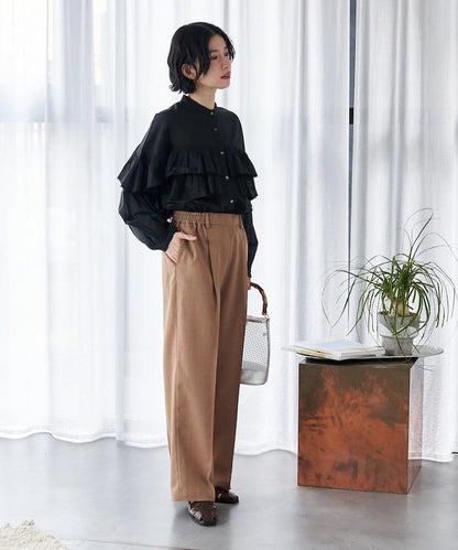 接觸冷感 UVカット LINEN TOUCH 褶飾 彈力 休閒褲