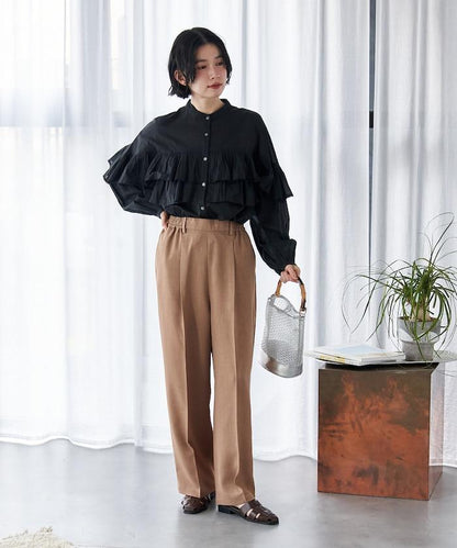 接觸冷感 UVカット LINEN TOUCH 褶飾 彈力 休閒褲